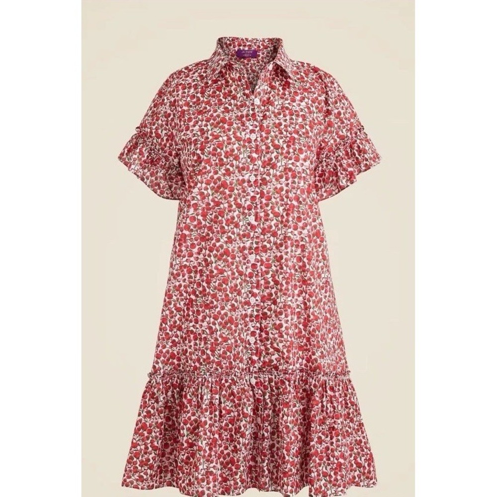 EUC J. Crew Amelia Floral Ruffle Trim Shirt Dress Liberty Eliza's Red Fabric XL